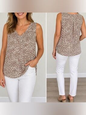 J. Jill Taupe and White Leopard Print V-Neck Tank Talla L.